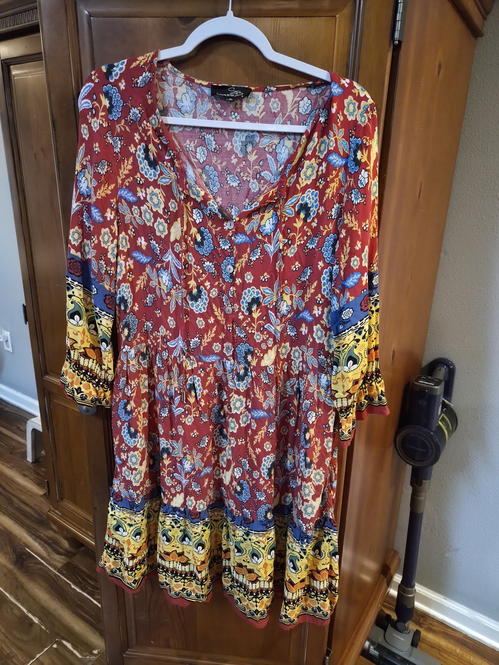 Suzanne Betro Red Floral Tiered Long Sleeve Dress with Yellow Border